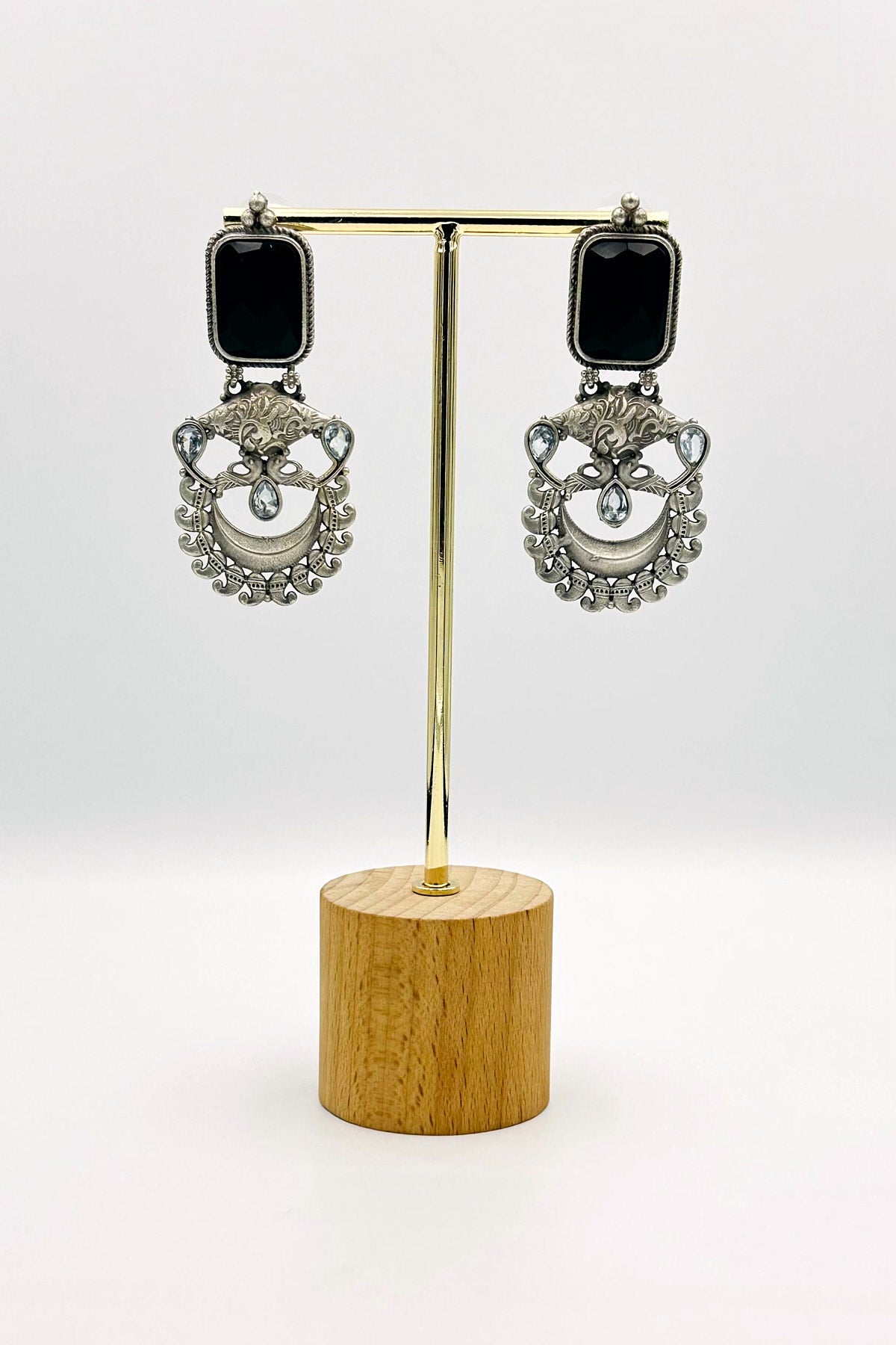 Handcrafted Silver Earrings Embellished with Black Stones - swadeshsouq.com