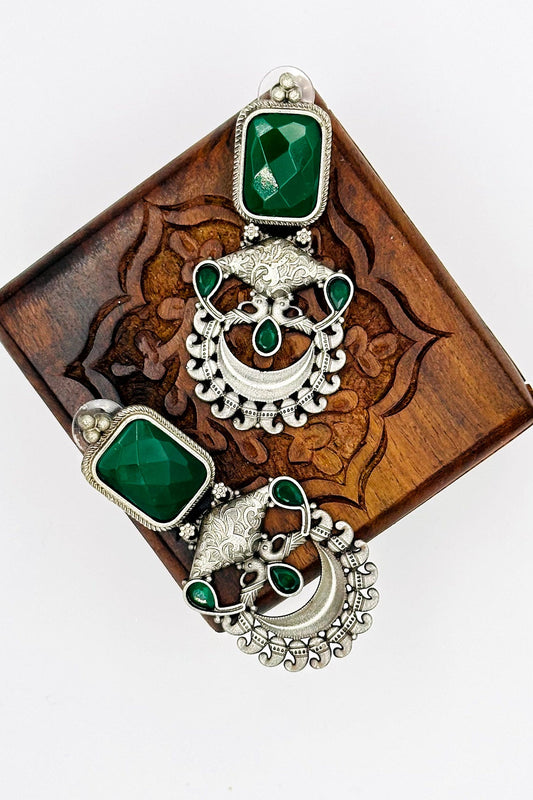 Handcrafted Silver Earrings Embellished with Green Stones - swadeshsouq.com