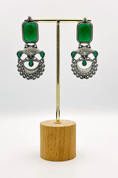 Handcrafted Silver Earrings Embellished with Green Stones - swadeshsouq.com