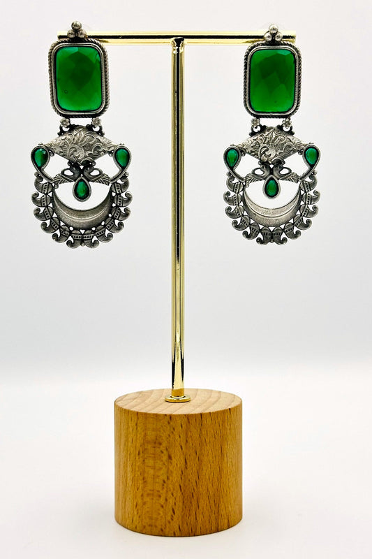 Handcrafted Silver Earrings Embellished with Green Stones - swadeshsouq.com