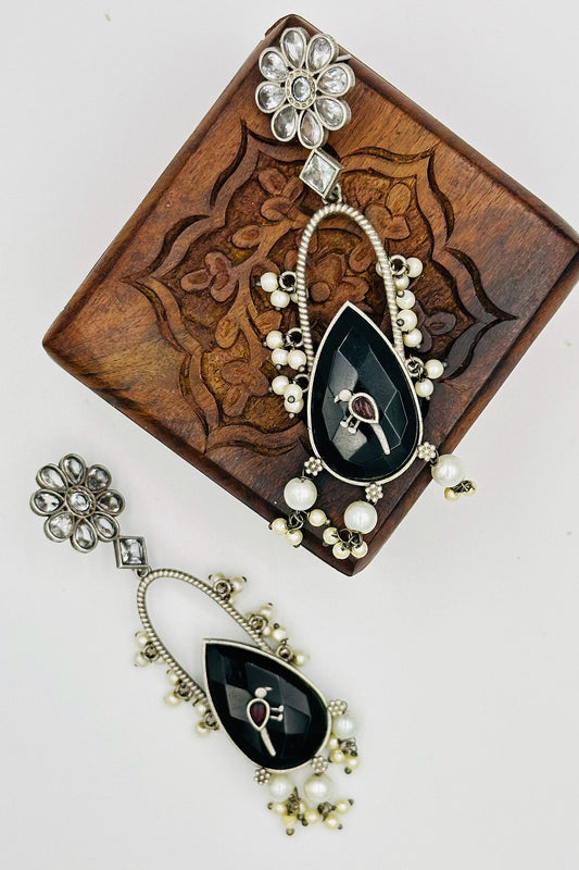 Handcrafted Silver Earrings with Black Crystal Accents and Bird Embellishment - swadeshsouq.com