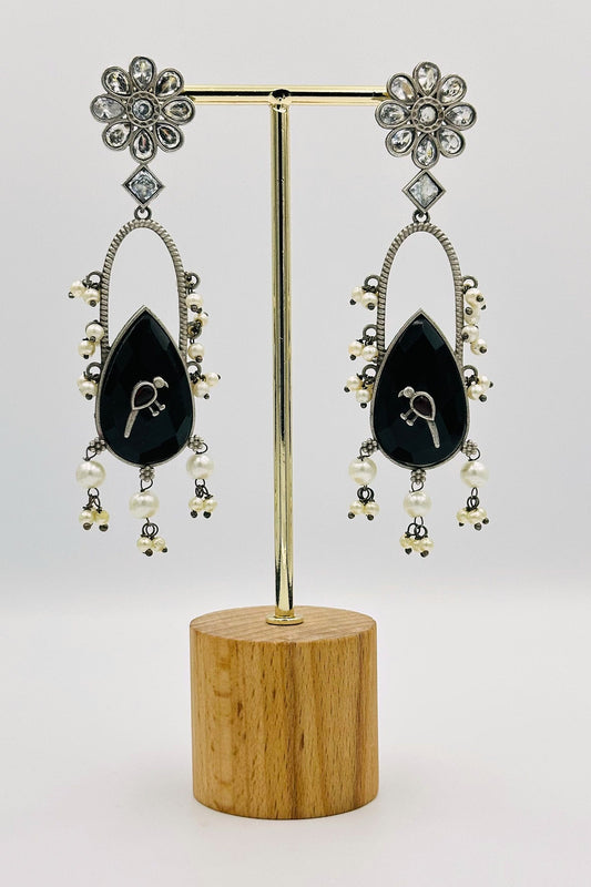 Handcrafted Silver Earrings with Black Crystal Accents and Bird Embellishment - swadeshsouq.com