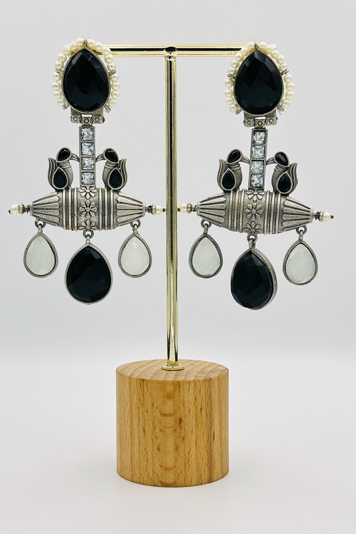 Handcrafted Silver Earrings with Black Crystals and Pearls in Black - swadeshsouq.com