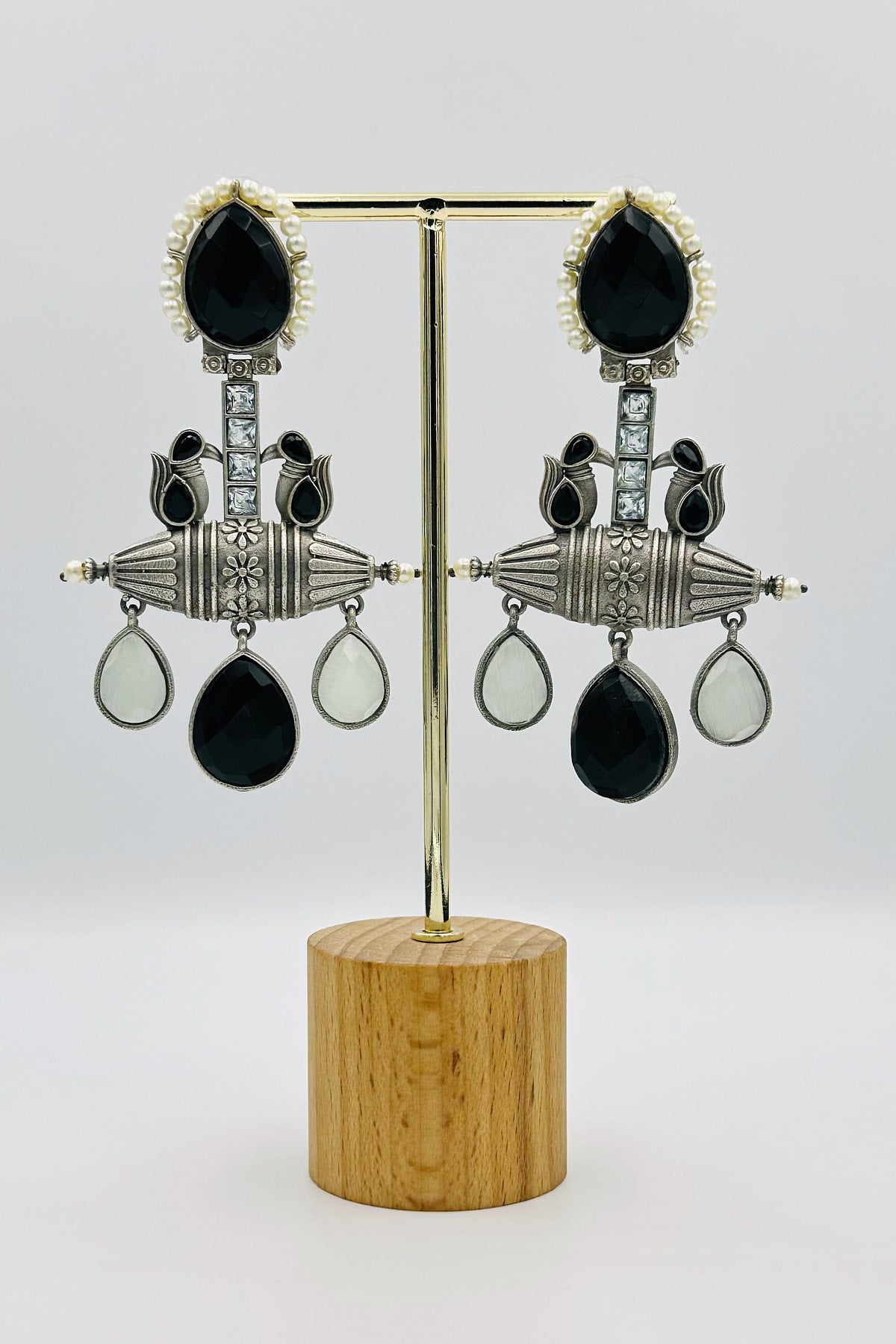 Handcrafted Silver Earrings with Black Crystals and Pearls in Black - swadeshsouq.com