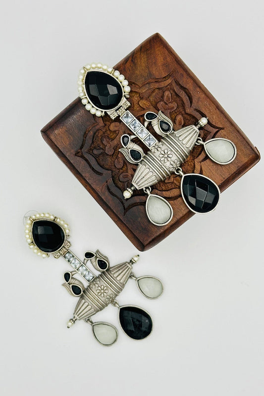 Handcrafted Silver Earrings with Black Crystals and Pearls in Black - swadeshsouq.com