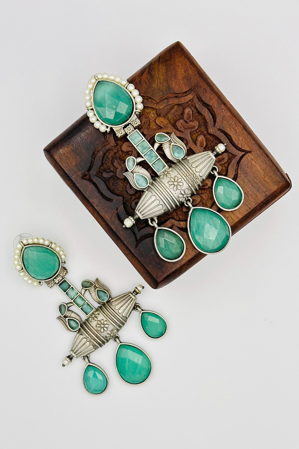 Handcrafted Silver Earrings with Embossed Crystals and Pearls - swadeshsouq.com