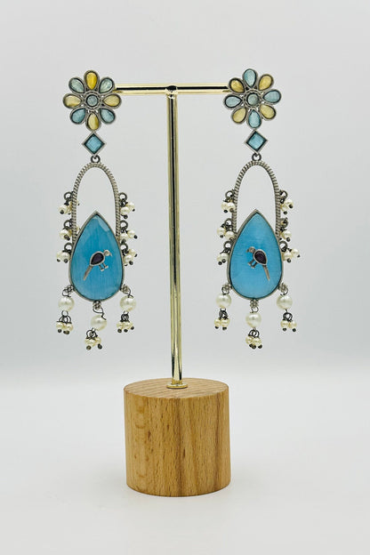 Handcrafted Silver Earrings with Feroza and Yellow Crystal Accents and Bird Embellishment - swadeshsouq.com