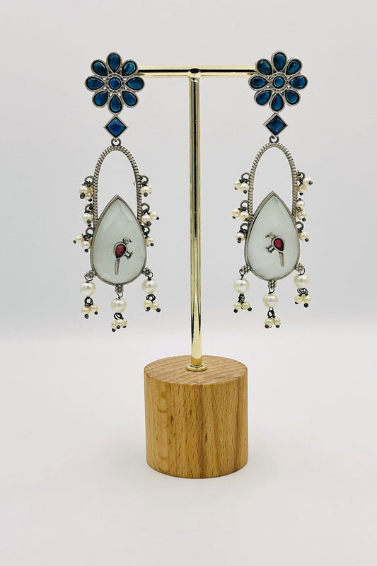 Handcrafted Silver Earrings with Grey and Blue Crystal Accents and Bird Embellishment - swadeshsouq.com