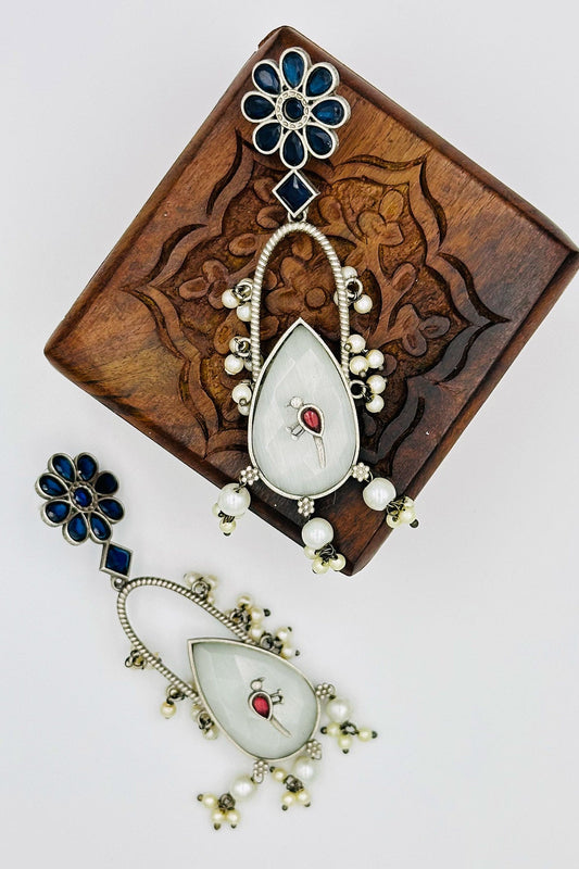 Handcrafted Silver Earrings with Grey and Blue Crystal Accents and Bird Embellishment - swadeshsouq.com