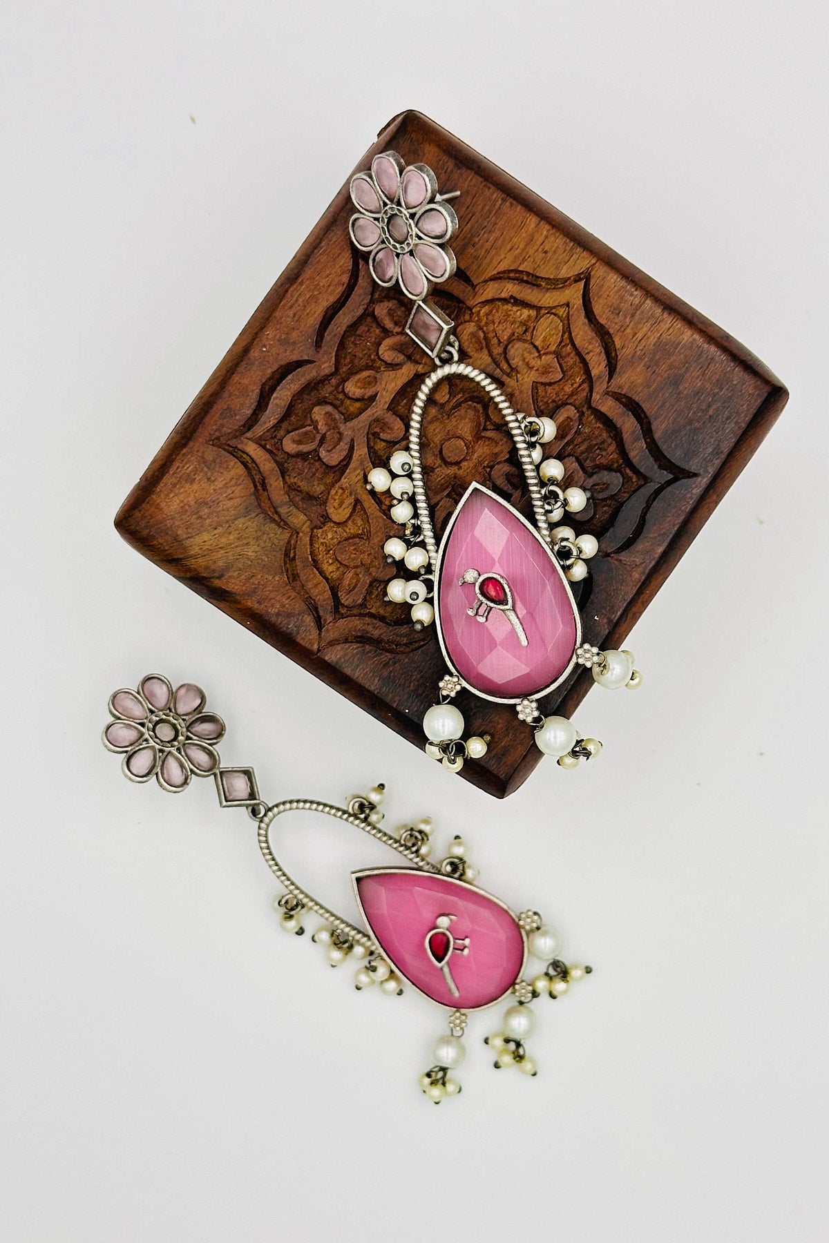 Handcrafted Silver Earrings with Pink Crystal Accents and Bird Embellishment - swadeshsouq.com