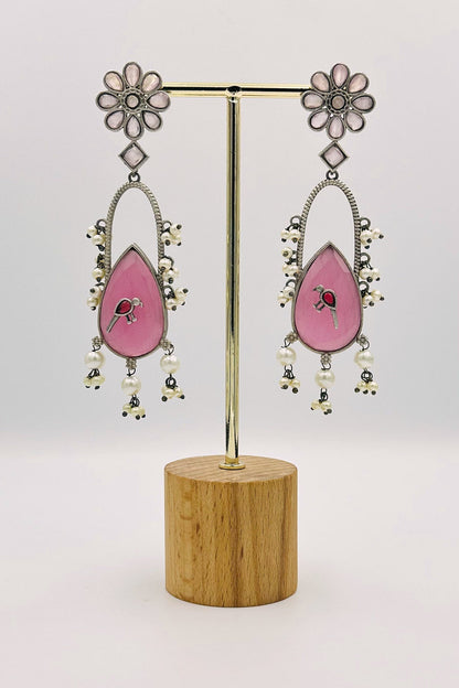 Handcrafted Silver Earrings with Pink Crystal Accents and Bird Embellishment - swadeshsouq.com