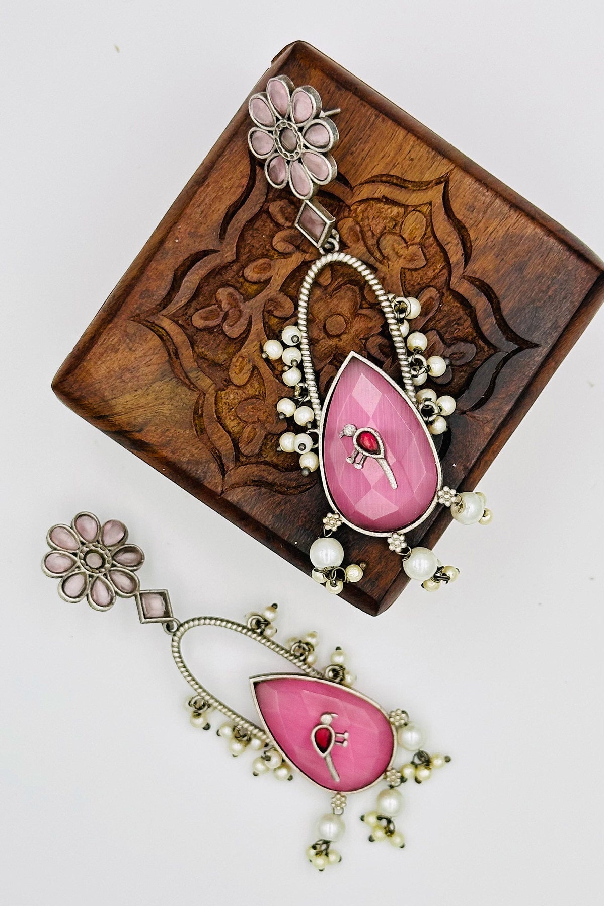 Handcrafted Silver Earrings with Pink Crystal Accents and Bird Embellishment - swadeshsouq.com