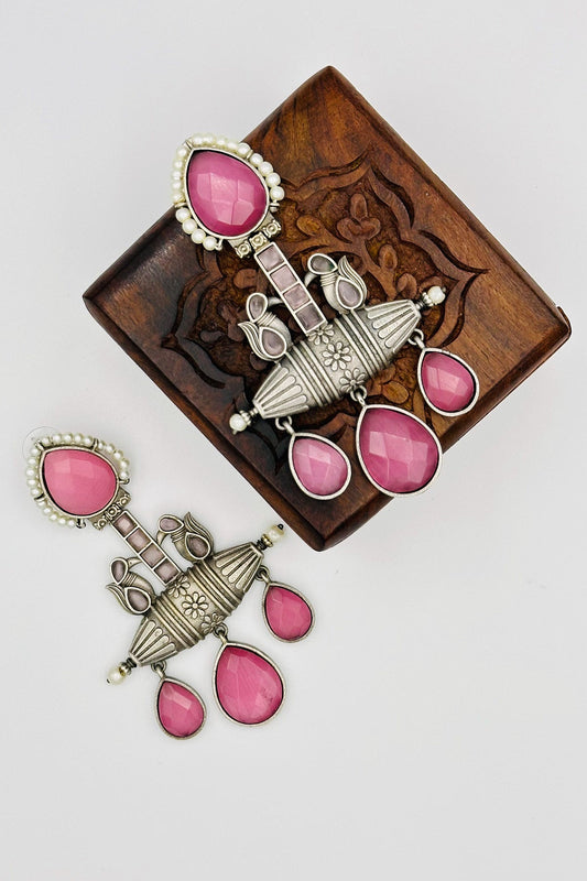 Handcrafted Silver Earrings with pink Crystals and Pearls - swadeshsouq.com