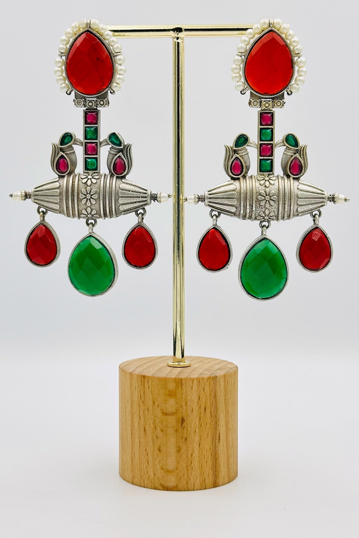 Handcrafted Silver Earrings with Red and Green Crystals and Pearls - swadeshsouq.com