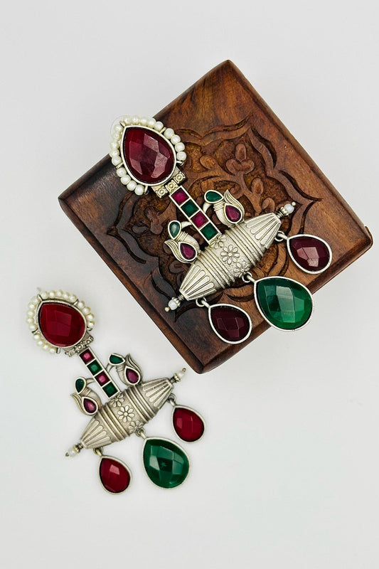 Handcrafted Silver Earrings with Red and Green Crystals and Pearls - swadeshsouq.com