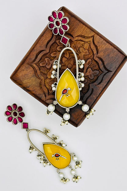 Handcrafted Silver Earrings with Red and Yellow Crystal Accents and Bird Embellishment - swadeshsouq.com