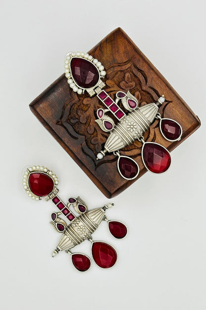 Handcrafted Silver Earrings with Red Crystals and Pearls - swadeshsouq.com