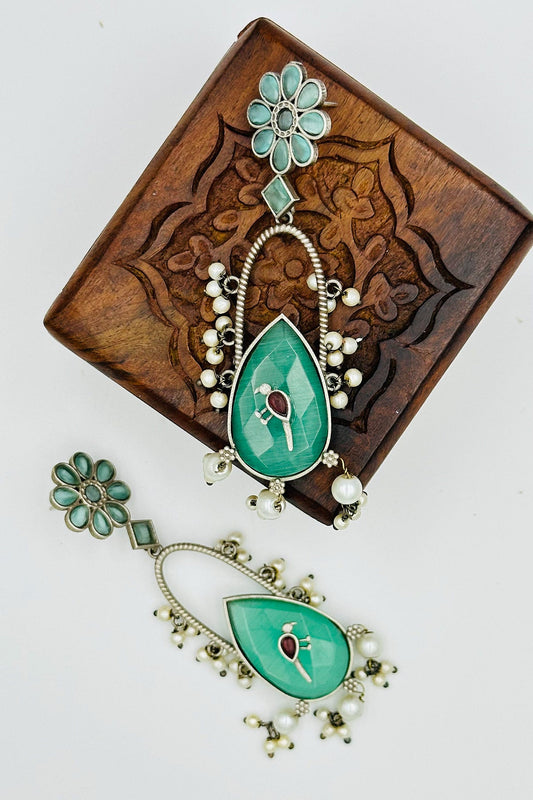 Handcrafted Silver Earrings with Turquoise Blue Crystal Accents and Bird Embellishment - swadeshsouq.com