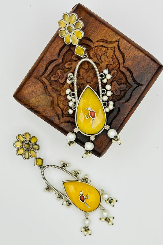 Handcrafted Silver Earrings with Yellow Crystal Accents and Bird Embellishment - swadeshsouq.com