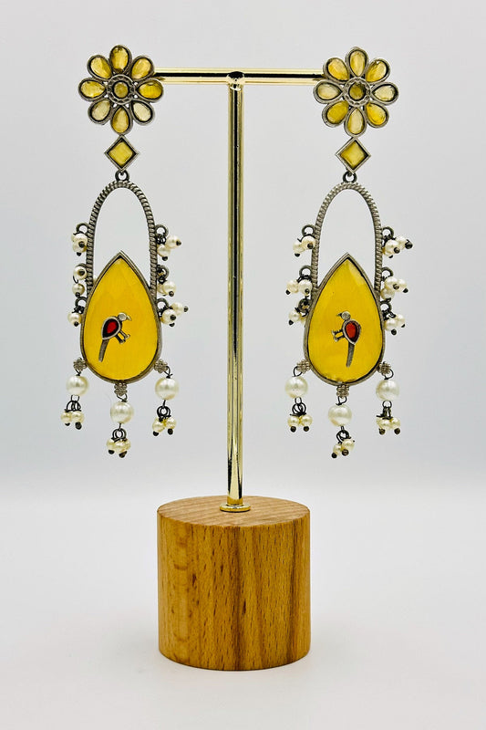 Handcrafted Silver Earrings with Yellow Crystal Accents and Bird Embellishment - swadeshsouq.com