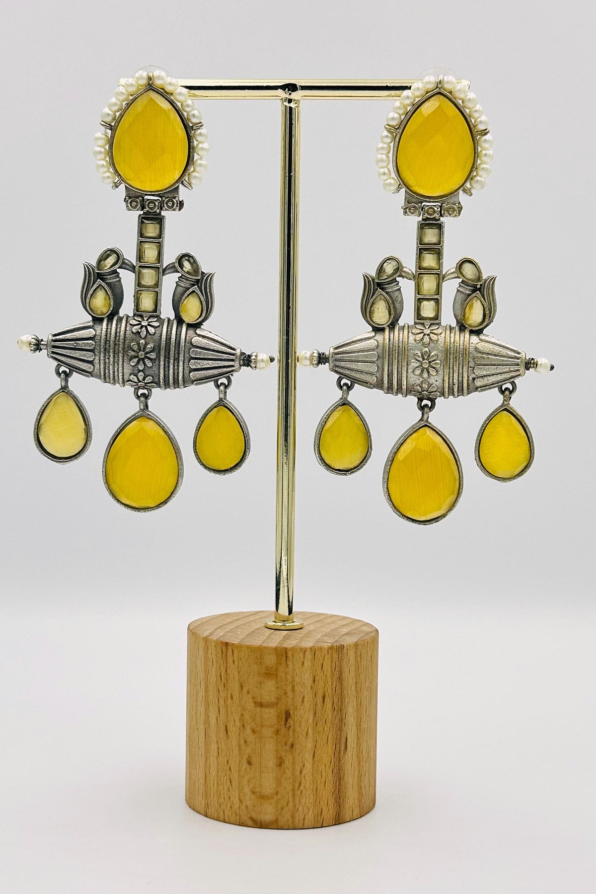 Handcrafted Silver Earrings with yellow Crystals and Pearls - swadeshsouq.com