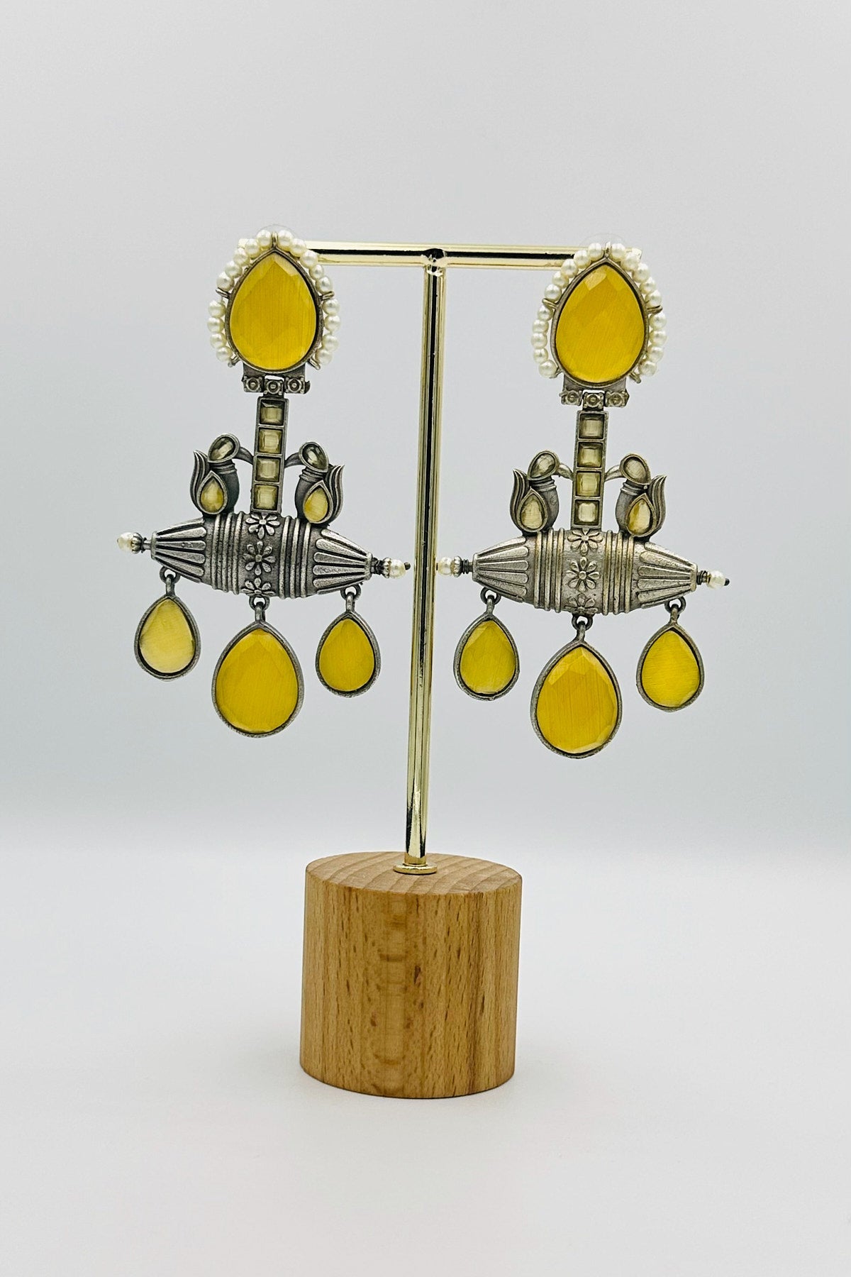 Handcrafted Silver Earrings with yellow Crystals and Pearls - swadeshsouq.com