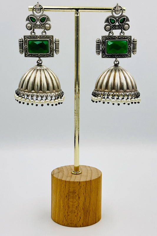 Handcrafted Silver Jhumkas with Green Crystal - swadeshsouq.com