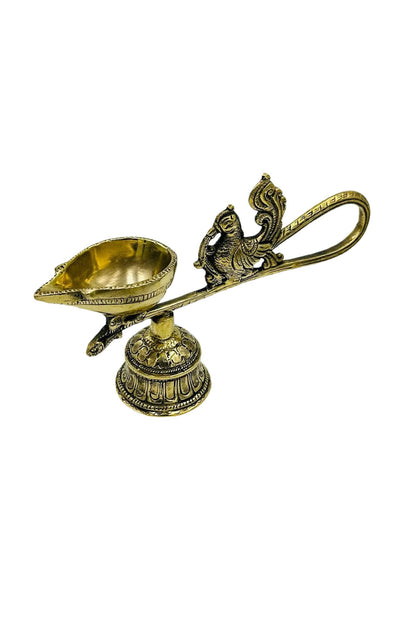 Handmade Brass Aarthi Diya with Peacock Bell - swadeshsouq.com