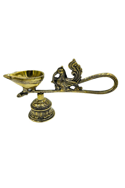 Handmade Brass Aarthi Diya with Peacock Bell - swadeshsouq.com