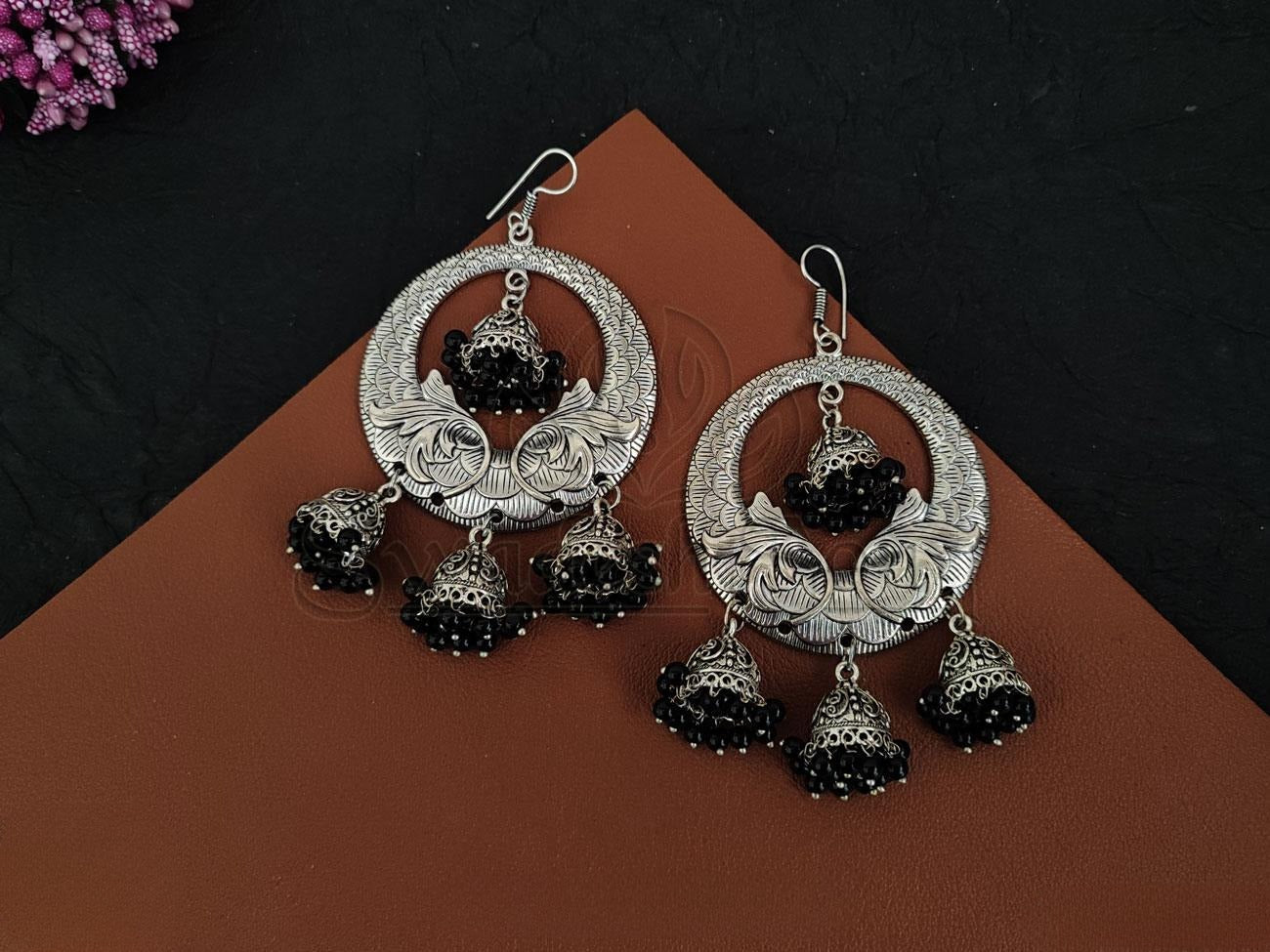 Intricate Charisma: Embossed Oxidised Silver Earrings with Beaded Jhumkas. - swadeshsouq.com