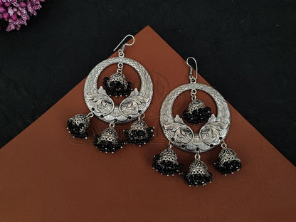 Intricate Charisma: Embossed Oxidised Silver Earrings with Beaded Jhumkas. - swadeshsouq.com