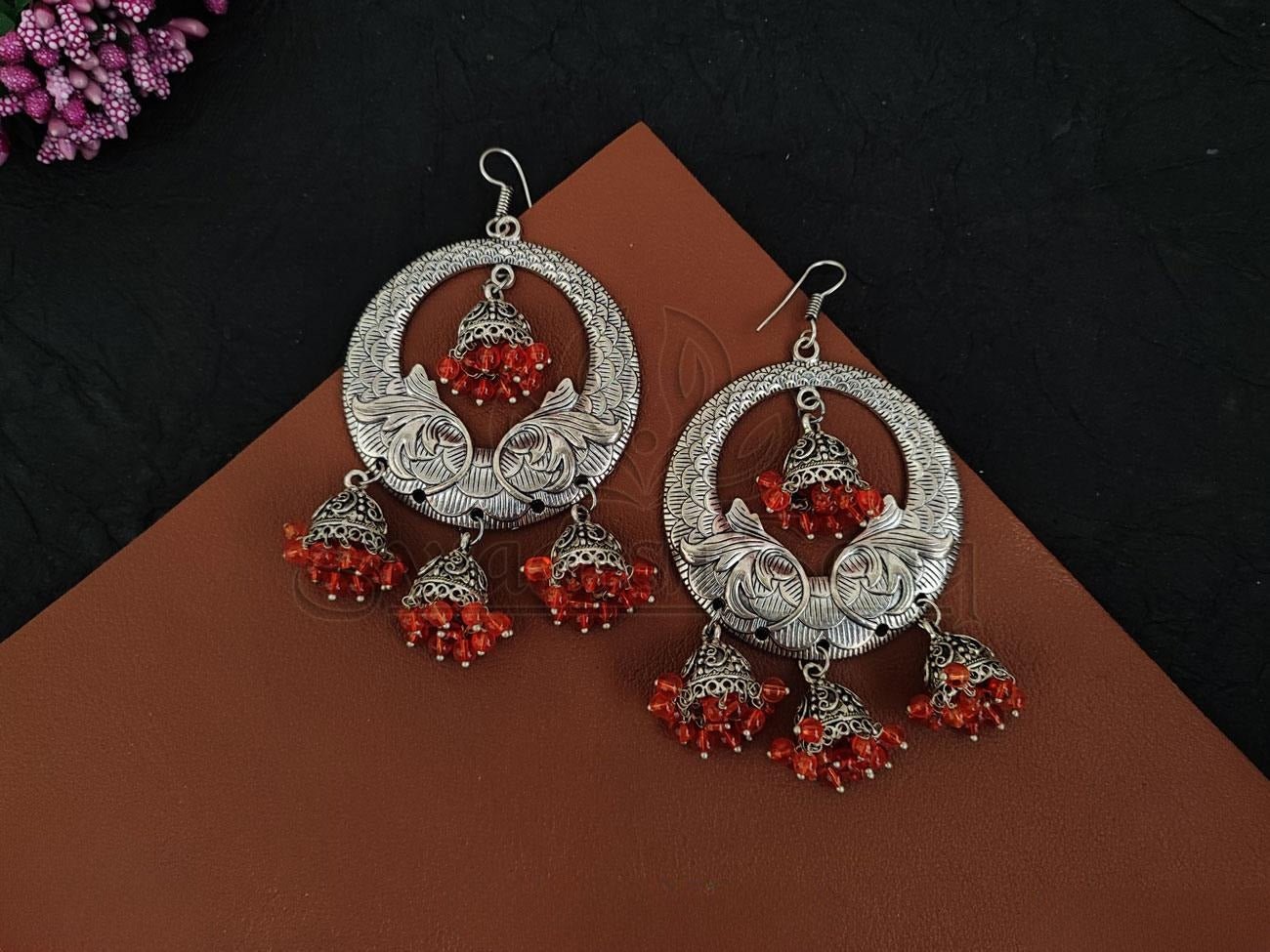 Intricate Charisma: Embossed Oxidised Silver Earrings with Beaded Jhumkas. - swadeshsouq.com