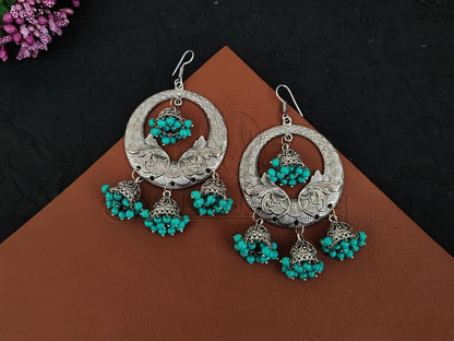 Intricate Charisma: Embossed Oxidised Silver Earrings with Beaded Jhumkas. - swadeshsouq.com