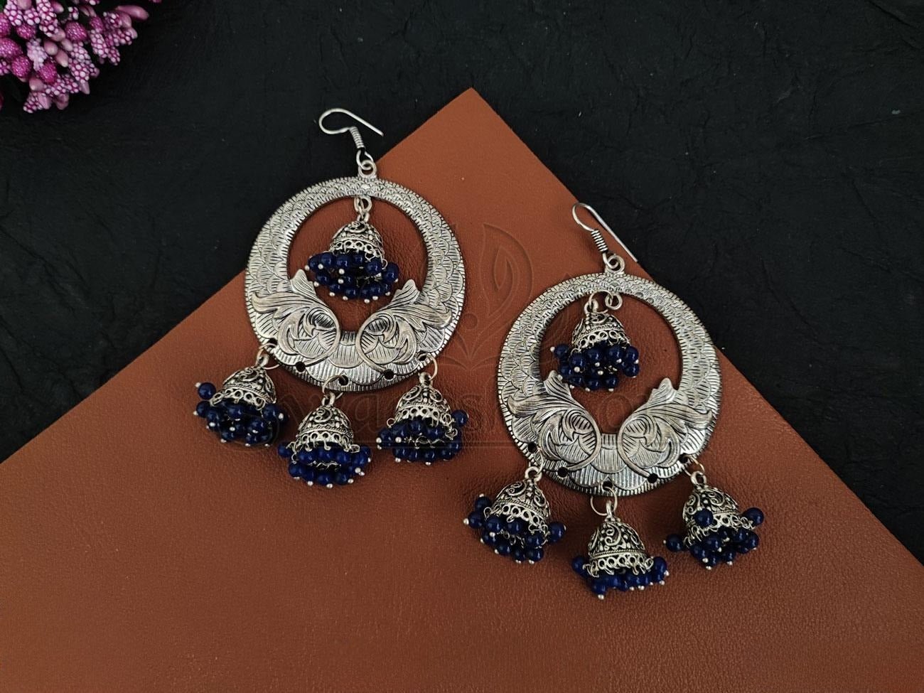 Intricate Charisma: Embossed Oxidised Silver Earrings with Beaded Jhumkas. - swadeshsouq.com