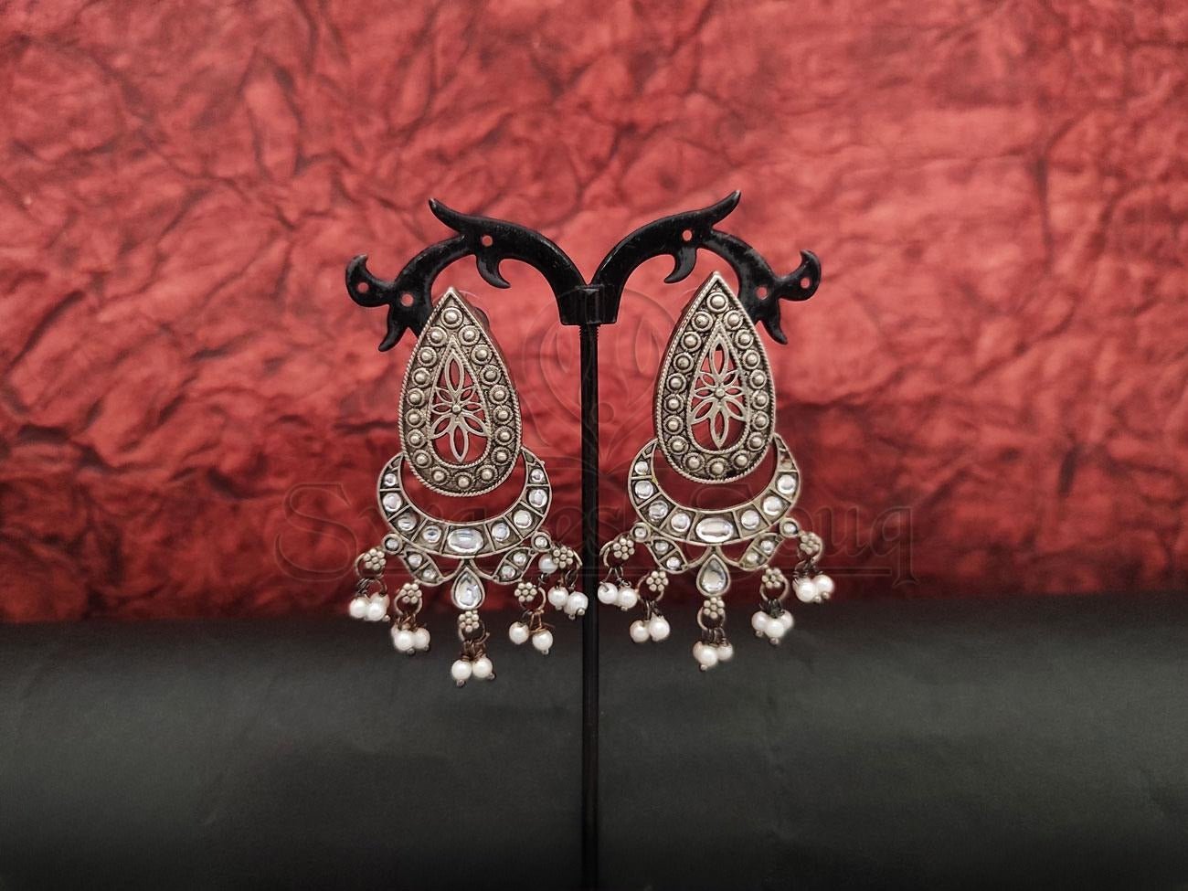 Intricate Design Oxidised Silver Earrings. - swadeshsouq.com