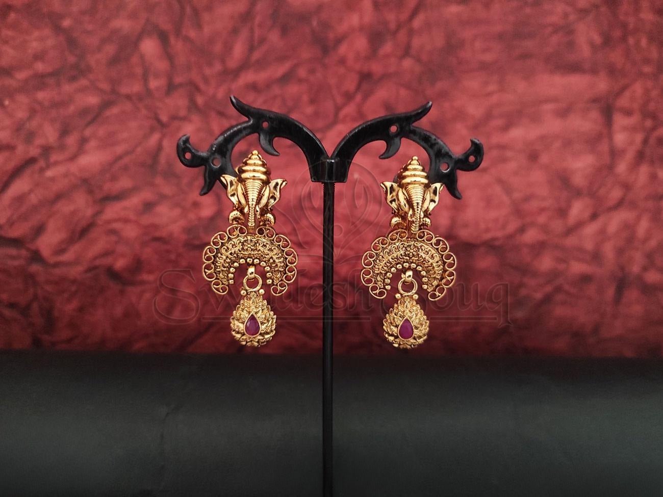 Intricately Crafted Gold Danglers with Majestic Elephant Motif - swadeshsouq.com