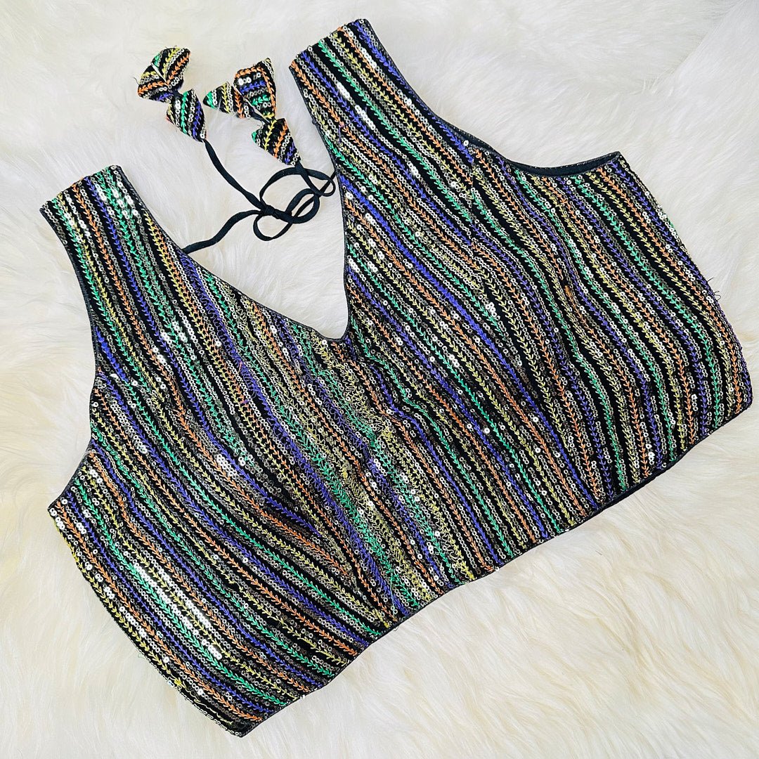 Iridescent Elegance: Black Blouse with Full Sequin Work in Multi-Colors. - swadeshsouq.com