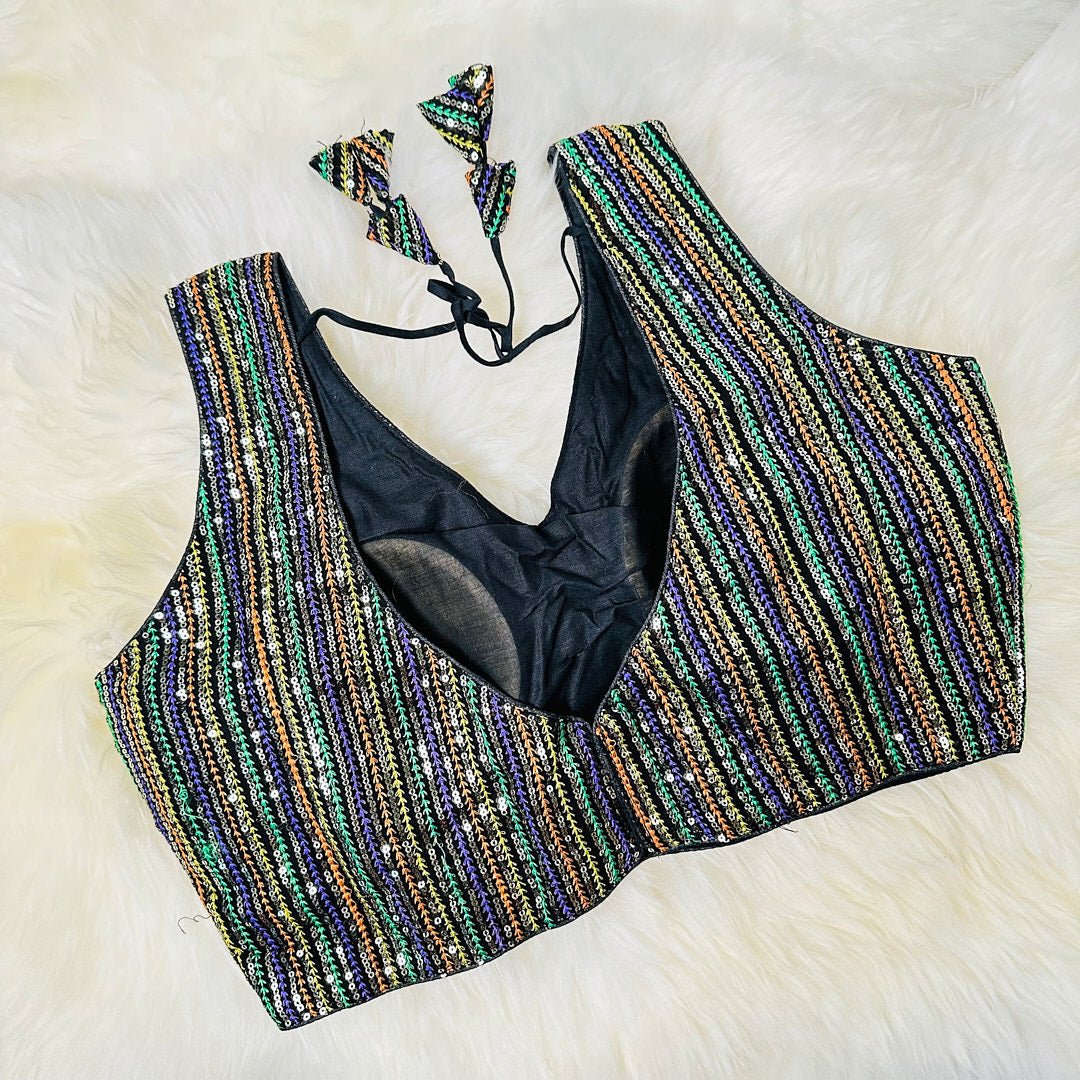 Iridescent Elegance: Black Blouse with Full Sequin Work in Multi-Colors. - swadeshsouq.com
