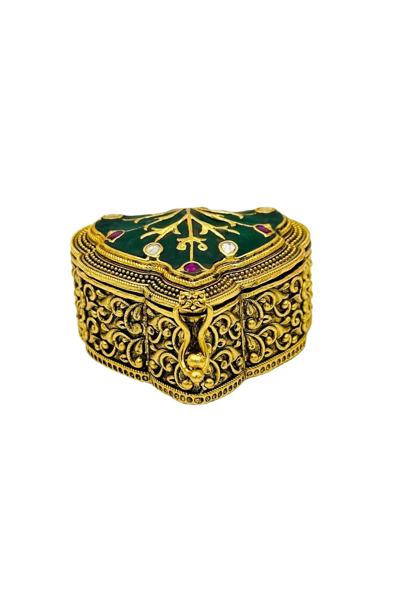 Jadau Stone Kumkum Box with Nagas Craftsmanship and Filigree Finery - swadeshsouq.com