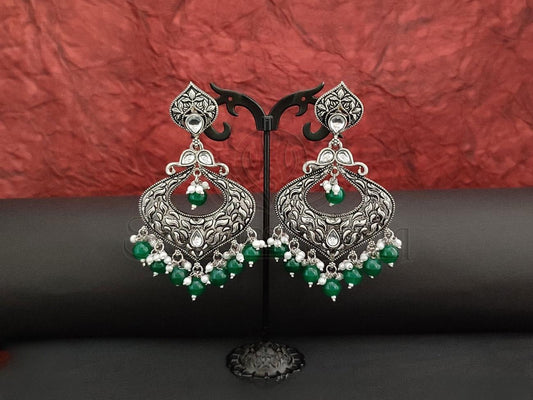 Kundan and Beaded Oxidised Silver Chandbali Earrings. - swadeshsouq.com