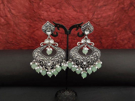 Kundan and Mint Green Beads Oxidised Silver Chandbali Earrings. - swadeshsouq.com