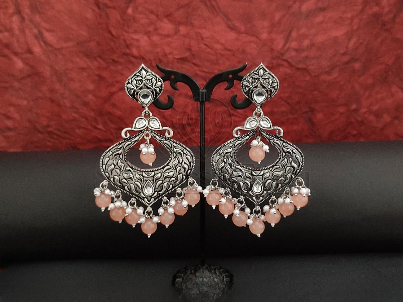 Kundan and Peach Beads Oxidised Silver Chandbali Earrings. - swadeshsouq.com