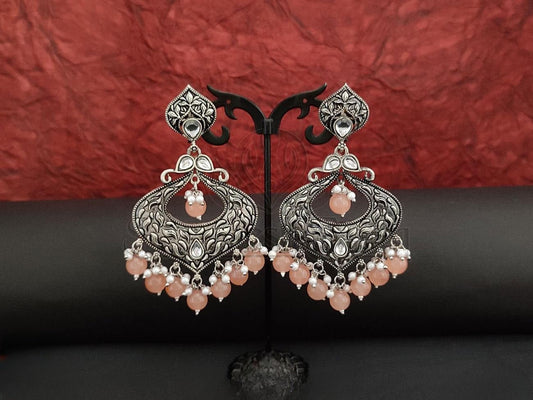 Kundan and Peach Beads Oxidised Silver Chandbali Earrings. - swadeshsouq.com