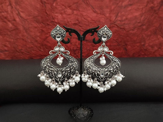 Kundan and Pearl Oxidised Silver Chandbali Earrings. - swadeshsouq.com