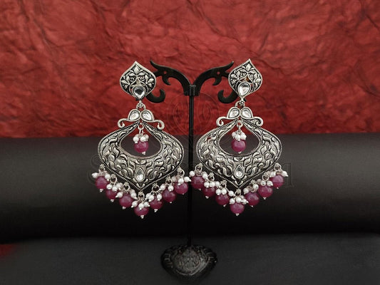 Kundan and Purple Beads Oxidised Silver Chandbali Earrings. - swadeshsouq.com