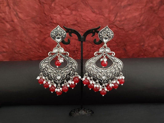 Kundan and Red Beads Oxidised Silver Chandbali Earrings. - swadeshsouq.com