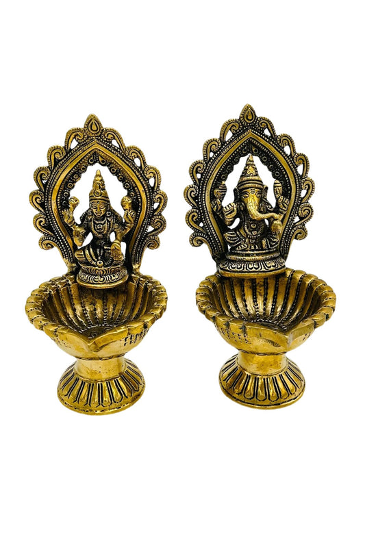 Lakshmi Ganesh Diya Set in Pure Brass with Exquisite Nagas Work and Antique Finish - swadeshsouq.com