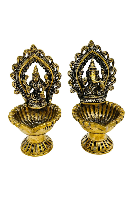 Lakshmi Ganesh Diya Set in Pure Brass with Exquisite Nagas Work and Antique Finish - swadeshsouq.com