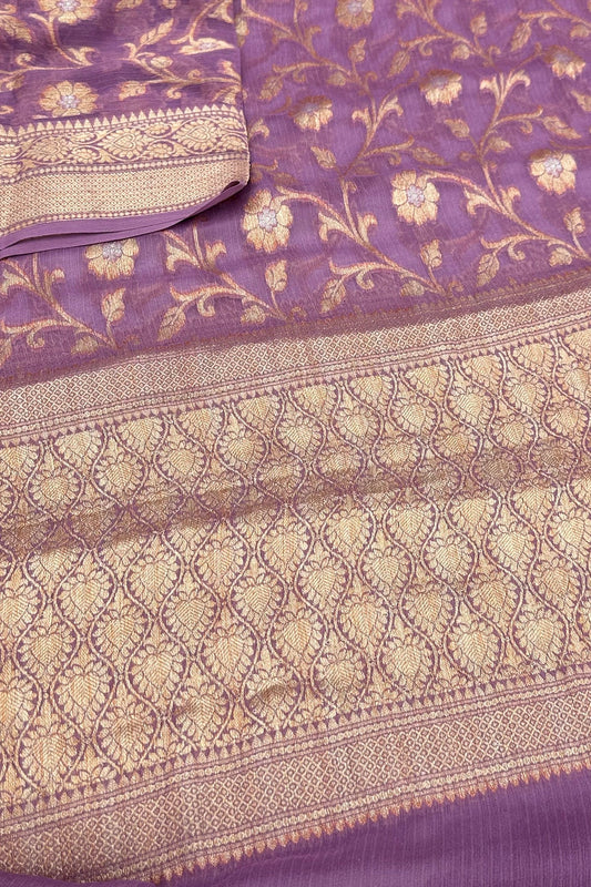 Lavender Whisper: Pastel Purple Banarasi Pure Georgette Dupatta - swadeshsouq.com