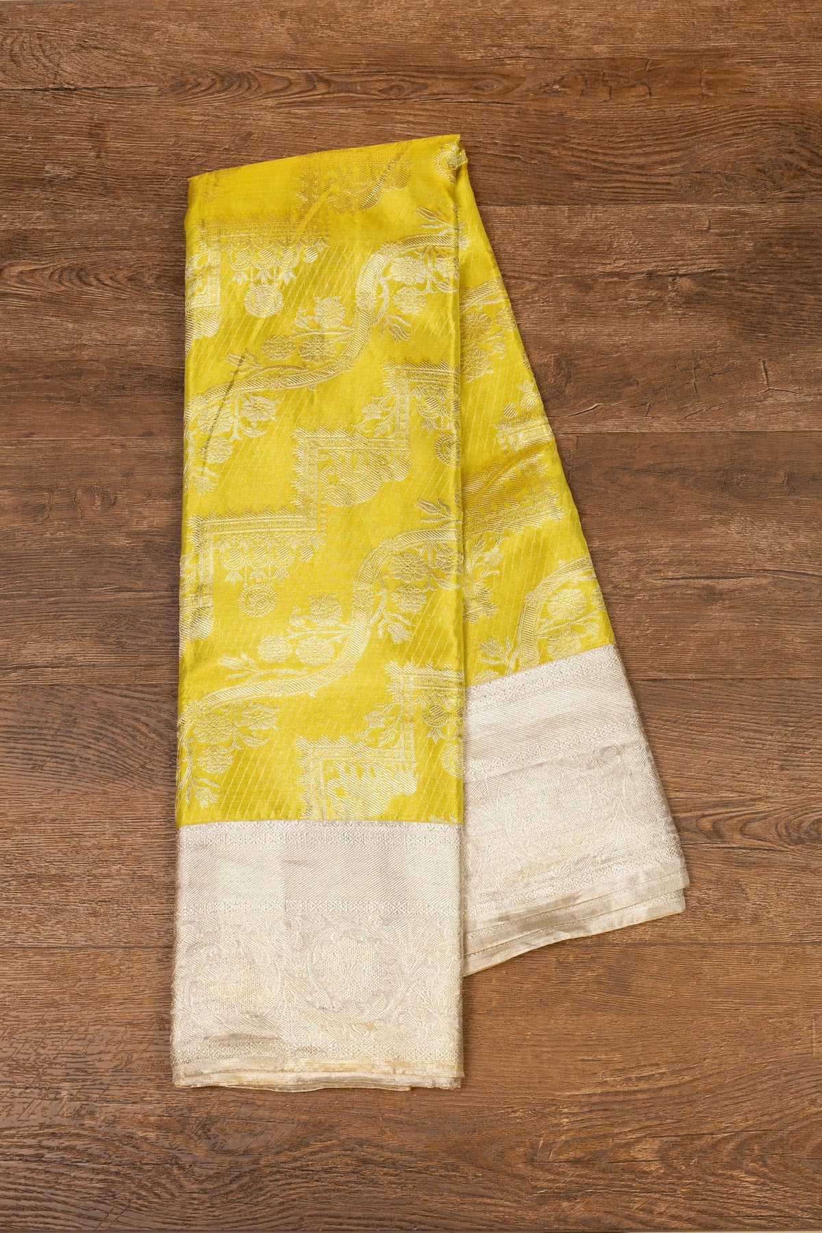 Lime Green Kanjeevaram Silk Saree with Handwoven Silver Zari - swadeshsouq.com